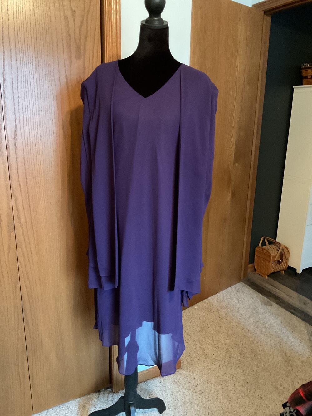 Jones New York PXR 100% Silk Dress 14 Purple Shoulder Pads Mock Jacket Layered